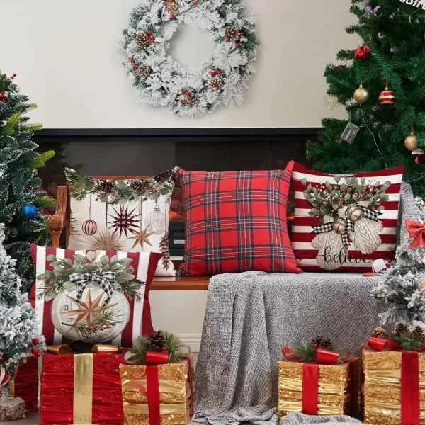 DFXSZ Christmas Pillow Covers 18x18 inch Set of 4 Christmas Tree Gloves Hello Winter Decorative Red White Stripe Throw Pillow Covers Winter Farmhouse Decoration for Home Couch 134Red White