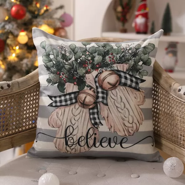 DFXSZ Christmas Pillow Covers 18x18 inch Set of 4 Christmas Tree Gloves Hello Winter Decorative Red White Stripe Throw Pillow Covers Winter Farmhouse Decoration for Home Couch 134White Grey