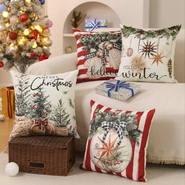 DFXSZ Christmas Pillow Covers 18x18 inch Set of 4 Christmas Tree Gloves Hello Winter Decorative Red White Stripe Throw Pillow Covers Winter Farmhouse Decoration for Home Couch 134Red White