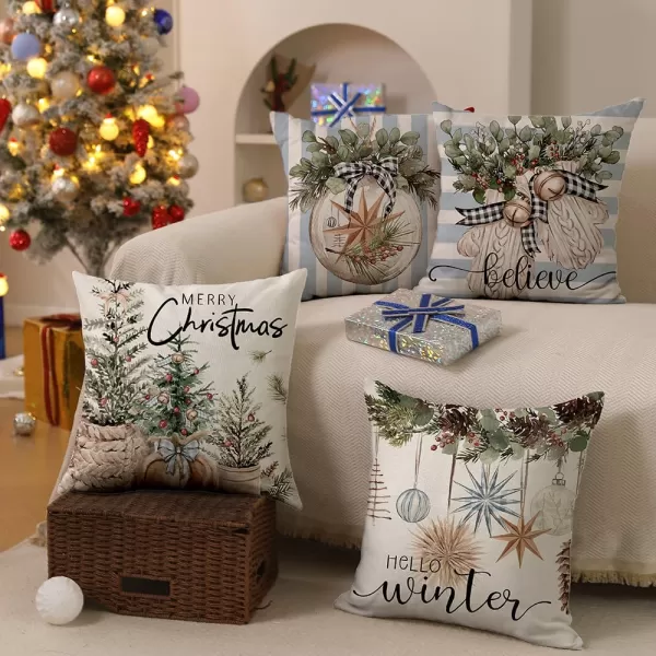 DFXSZ Christmas Pillow Covers 18x18 inch Set of 4 Christmas Tree Gloves Hello Winter Decorative Red White Stripe Throw Pillow Covers Winter Farmhouse Decoration for Home Couch 134Bluewhite