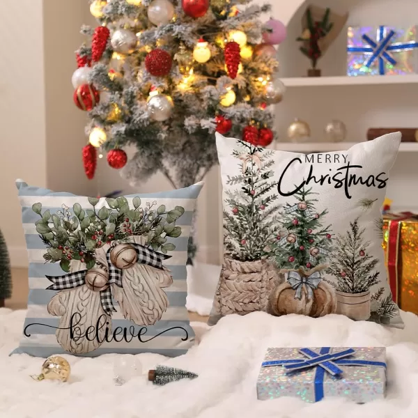 DFXSZ Christmas Pillow Covers 18x18 inch Set of 4 Christmas Tree Gloves Hello Winter Decorative Red White Stripe Throw Pillow Covers Winter Farmhouse Decoration for Home Couch 134Bluewhite