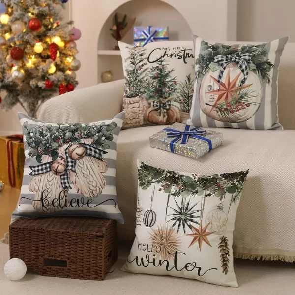 DFXSZ Christmas Pillow Covers 18x18 inch Set of 4 Christmas Tree Gloves Hello Winter Decorative Red White Stripe Throw Pillow Covers Winter Farmhouse Decoration for Home Couch 134White Grey