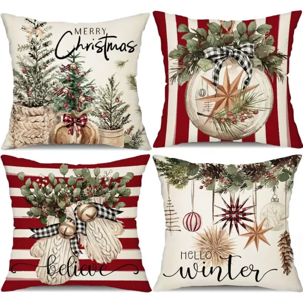 DFXSZ Christmas Pillow Covers 18x18 inch Set of 4 Christmas Tree Gloves Hello Winter Decorative Red White Stripe Throw Pillow Covers Winter Farmhouse Decoration for Home Couch 134Red White