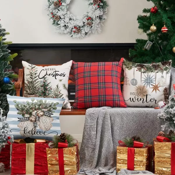 DFXSZ Christmas Pillow Covers 18x18 inch Set of 4 Christmas Tree Gloves Hello Winter Decorative Red White Stripe Throw Pillow Covers Winter Farmhouse Decoration for Home Couch 134Bluewhite