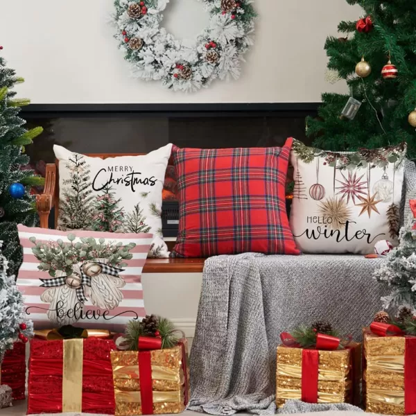 DFXSZ Christmas Pillow Covers 18x18 inch Set of 4 Christmas Tree Gloves Hello Winter Decorative Red White Stripe Throw Pillow Covers Winter Farmhouse Decoration for Home Couch 134Pinkwhite