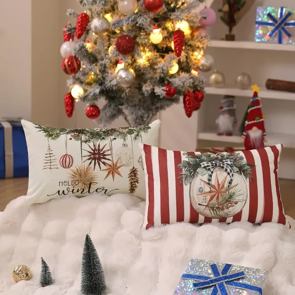 DFXSZ Christmas Pillow Covers 18x18 inch Set of 4 Christmas Tree Gloves Hello Winter Decorative Red White Stripe Throw Pillow Covers Winter Farmhouse Decoration for Home Couch 134Red White