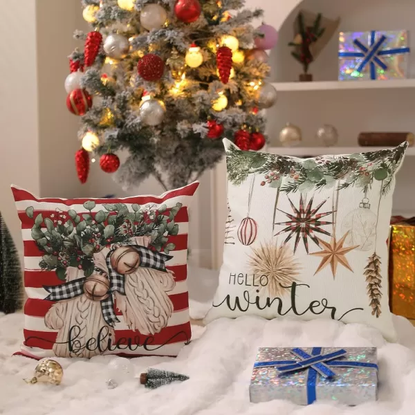DFXSZ Christmas Pillow Covers 18x18 inch Set of 4 Christmas Tree Gloves Hello Winter Decorative Red White Stripe Throw Pillow Covers Winter Farmhouse Decoration for Home Couch 134Red White