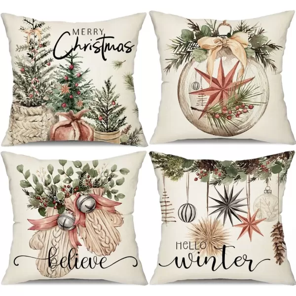 DFXSZ Christmas Pillow Covers 18x18 inch Set of 4 Christmas Tree Gloves Hello Winter Decorative Red White Stripe Throw Pillow Covers Winter Farmhouse Decoration for Home Couch 134White
