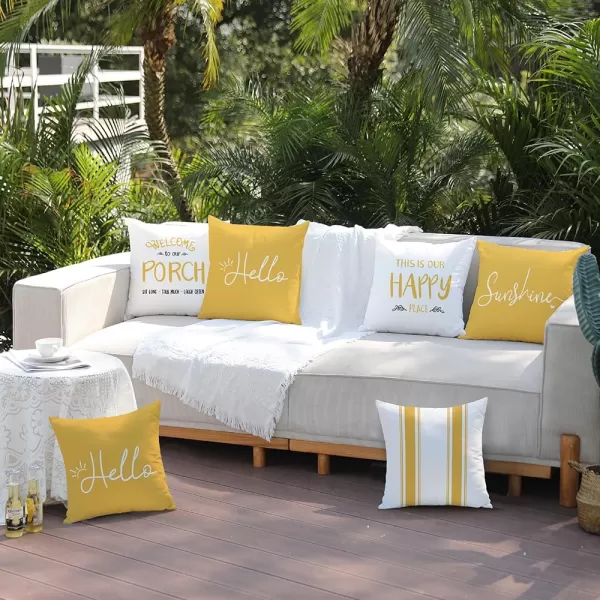 DFXSZ Outdoor Pillow Covers 18x18 Inch Set of 4 Hello Sunshine Decorative Yellow Throw Pillows Outdoor Summer Waterproof Decor for Patio Funiture Garden Polyester Cushion Covers 013DYellow White