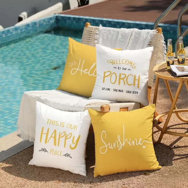 DFXSZ Outdoor Pillow Covers 18x18 Inch Set of 4 Hello Sunshine Decorative Yellow Throw Pillows Outdoor Summer Waterproof Decor for Patio Funiture Garden Polyester Cushion Covers 013DYellow White