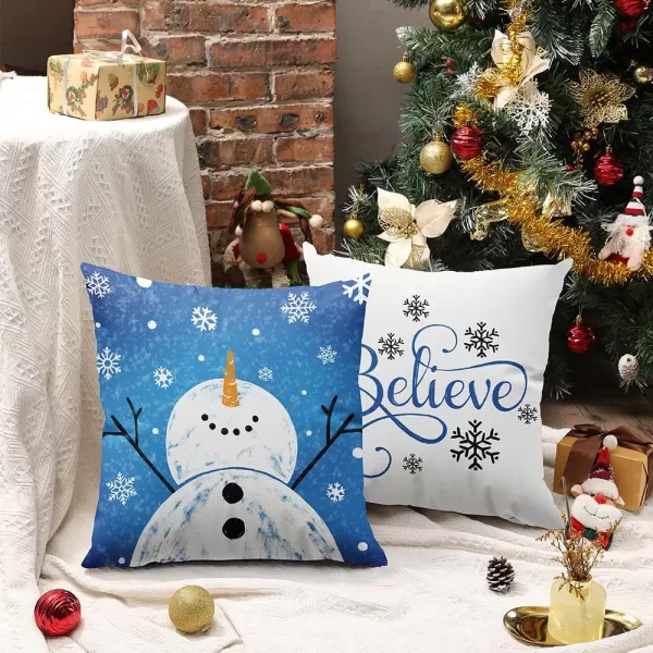 DFXSZ Red Christmas Pillow Covers 18x18 Set of 4 for Christmas Decorations Merry Christmas Tree Believe Snowflake Winter Holiday Decor Throw Cushion Case for Home CouchBlue