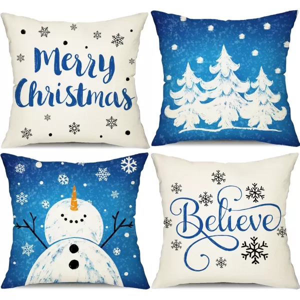 DFXSZ Red Christmas Pillow Covers 18x18 Set of 4 for Christmas Decorations Merry Christmas Tree Believe Snowflake Winter Holiday Decor Throw Cushion Case for Home CouchBlue