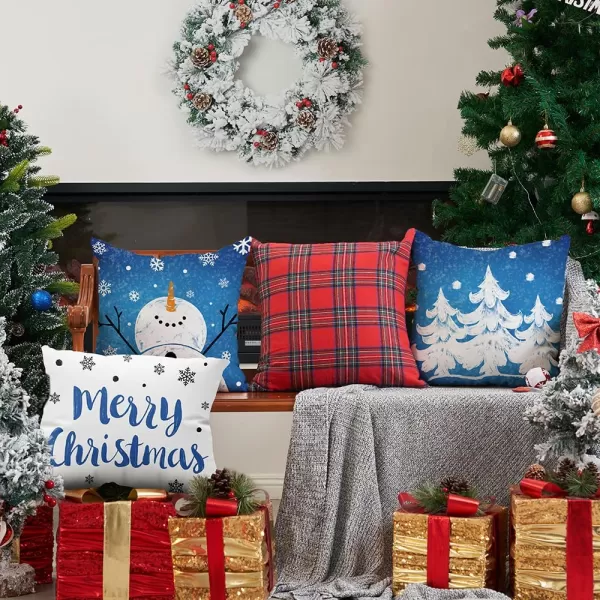 DFXSZ Red Christmas Pillow Covers 18x18 Set of 4 for Christmas Decorations Merry Christmas Tree Believe Snowflake Winter Holiday Decor Throw Cushion Case for Home CouchBlue