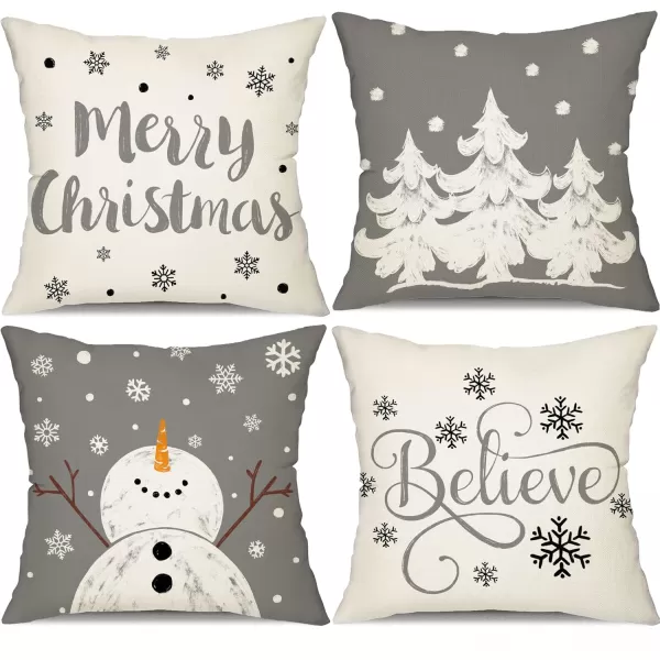 DFXSZ Red Christmas Pillow Covers 18x18 Set of 4 for Christmas Decorations Merry Christmas Tree Believe Snowflake Winter Holiday Decor Throw Cushion Case for Home CouchGrey