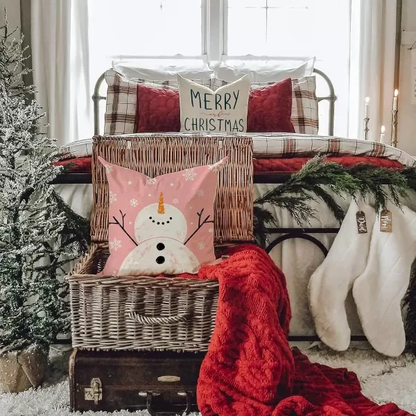 DFXSZ Red Christmas Pillow Covers 18x18 Set of 4 for Christmas Decorations Merry Christmas Tree Believe Snowflake Winter Holiday Decor Throw Cushion Case for Home CouchPink