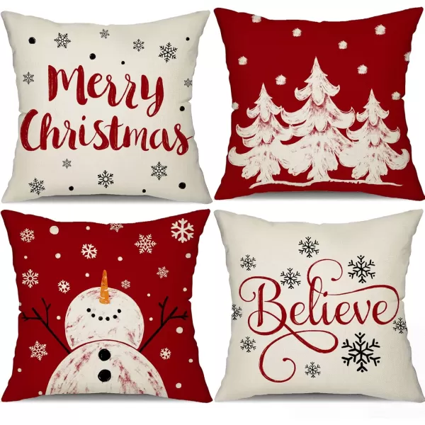 DFXSZ Red Christmas Pillow Covers 18x18 Set of 4 for Christmas Decorations Merry Christmas Tree Believe Snowflake Winter Holiday Decor Throw Cushion Case for Home CouchRed