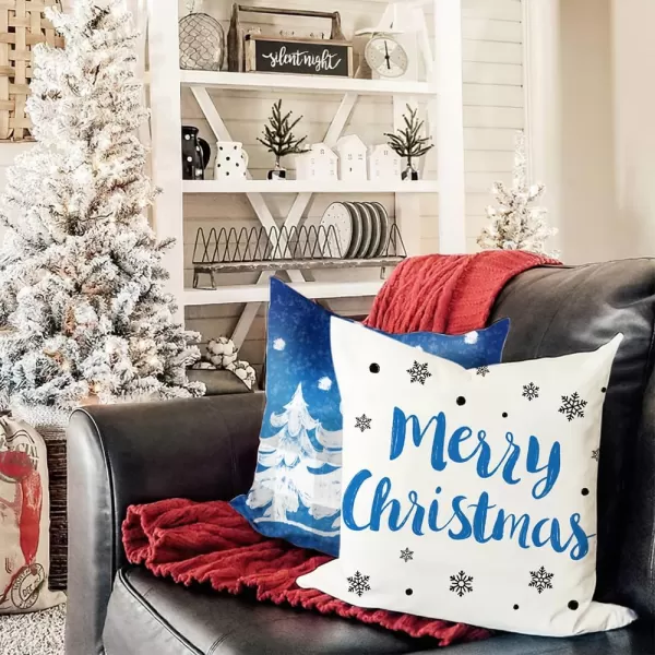 DFXSZ Red Christmas Pillow Covers 18x18 Set of 4 for Christmas Decorations Merry Christmas Tree Believe Snowflake Winter Holiday Decor Throw Cushion Case for Home CouchBlue