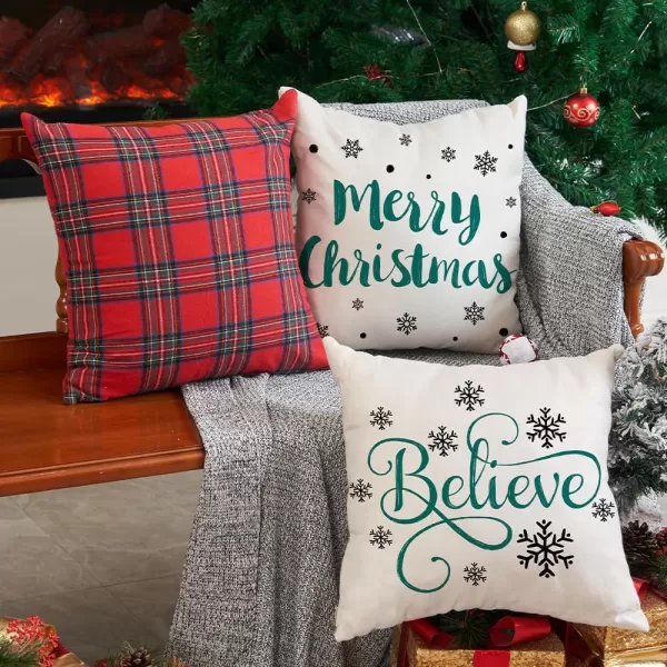 DFXSZ Red Christmas Pillow Covers 18x18 Set of 4 for Christmas Decorations Merry Christmas Tree Believe Snowflake Winter Holiday Decor Throw Cushion Case for Home CouchGreen1