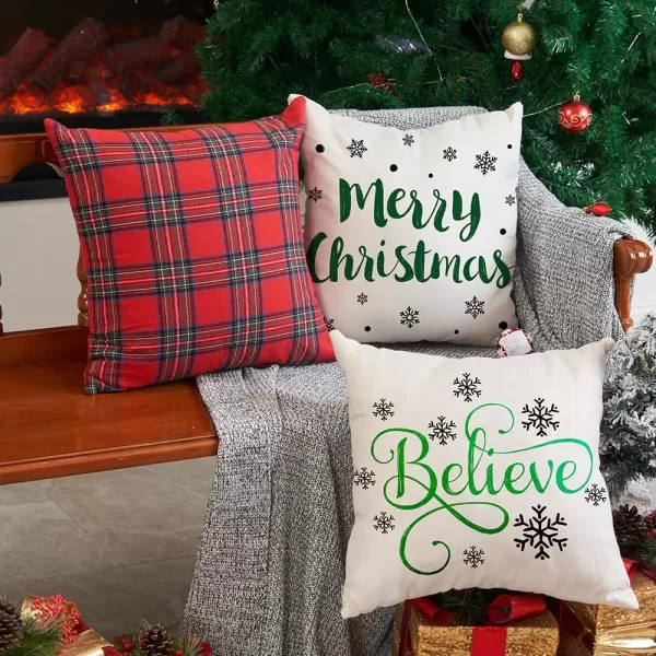DFXSZ Red Christmas Pillow Covers 18x18 Set of 4 for Christmas Decorations Merry Christmas Tree Believe Snowflake Winter Holiday Decor Throw Cushion Case for Home CouchGreen2