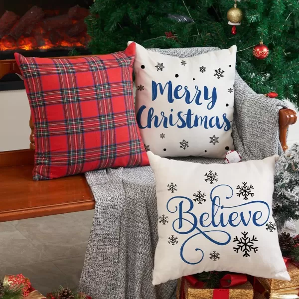 DFXSZ Red Christmas Pillow Covers 18x18 Set of 4 for Christmas Decorations Merry Christmas Tree Believe Snowflake Winter Holiday Decor Throw Cushion Case for Home CouchBlue