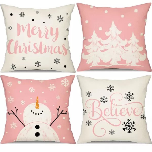 DFXSZ Red Christmas Pillow Covers 18x18 Set of 4 for Christmas Decorations Merry Christmas Tree Believe Snowflake Winter Holiday Decor Throw Cushion Case for Home CouchPink