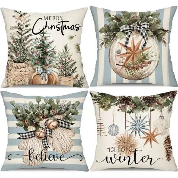 DFXSZ Christmas Pillow Covers 18x18 inch Set of 4 Christmas Tree Gloves Hello Winter Decorative Red White Stripe Throw Pillow Covers Winter Farmhouse Decoration for Home Couch 134Bluewhite