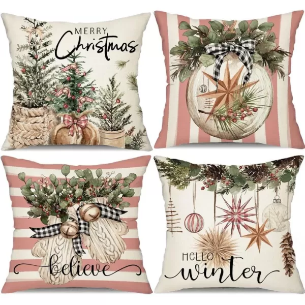 DFXSZ Christmas Pillow Covers 18x18 inch Set of 4 Christmas Tree Gloves Hello Winter Decorative Red White Stripe Throw Pillow Covers Winter Farmhouse Decoration for Home Couch 134Pinkwhite