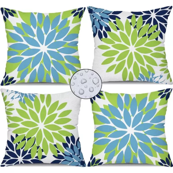 DFXSZ Green Blue Flower Pillow Covers 18x18 Inch Set of 4 White Blue Colored Throw Pillows Outdoor Waterproof Decor for Living Room Sofa Patio Funiture Garden Floral Linen Cushion Case 008BGreen