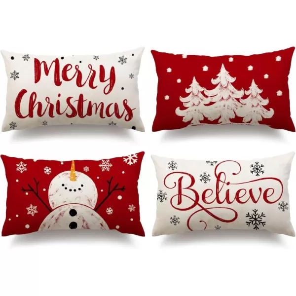 DFXSZ Red Christmas Pillow Covers 18x18 Set of 4 for Christmas Decorations Merry Christmas Tree Believe Snowflake Winter Holiday Decor Throw Cushion Case for Home CouchRed