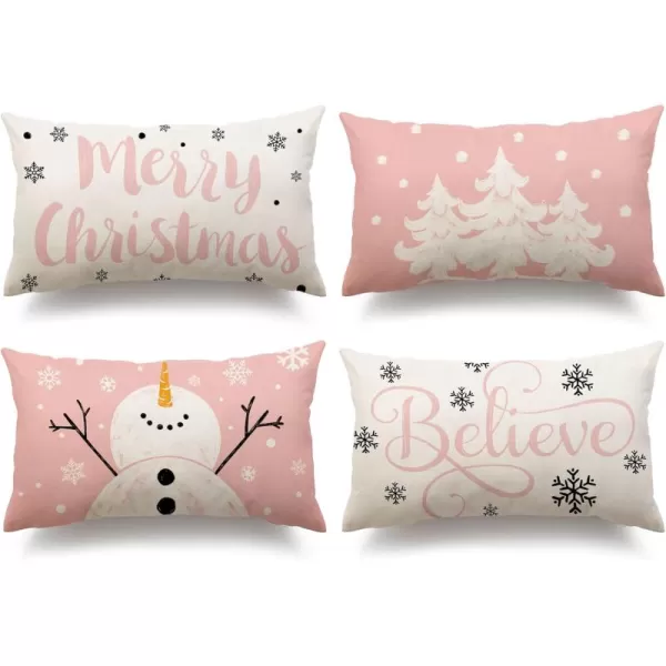 DFXSZ Red Christmas Pillow Covers 18x18 Set of 4 for Christmas Decorations Merry Christmas Tree Believe Snowflake Winter Holiday Decor Throw Cushion Case for Home CouchPink