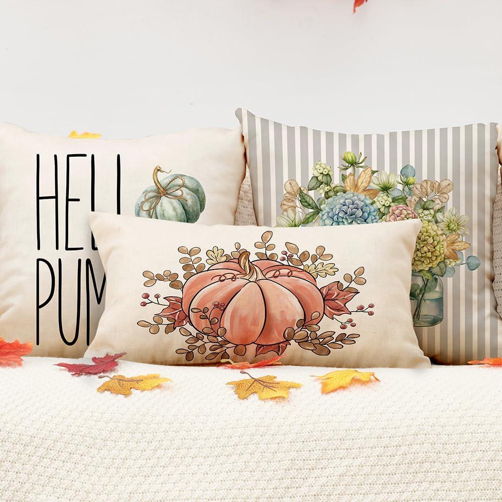 imageDFXSZ Fall Pillow Covers 12x20 Inch Outdoor Throw Pillow Cover Fall Autumn Thanksgiving Pumpkin Eucalyptus Leaves Harvest Decoration for Home couch