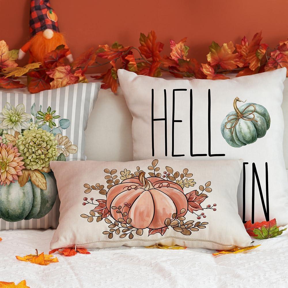 imageDFXSZ Fall Pillow Covers 12x20 Inch Outdoor Throw Pillow Cover Fall Autumn Thanksgiving Pumpkin Eucalyptus Leaves Harvest Decoration for Home couch