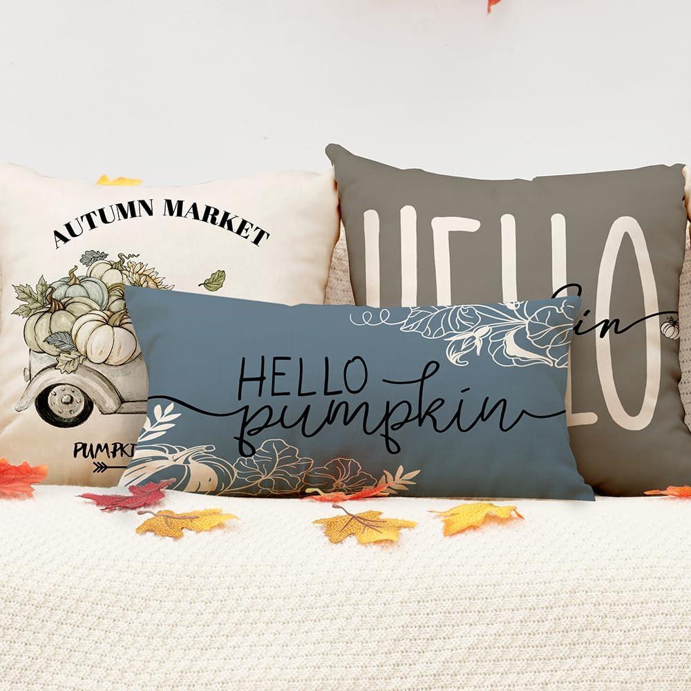 imageDFXSZ Fall Pillow Covers 12x20 Inch Outdoor Throw Pillow Covers Hello Pumpkin Decorative Blue Throw Pillow Cushion Cases for Home Couch