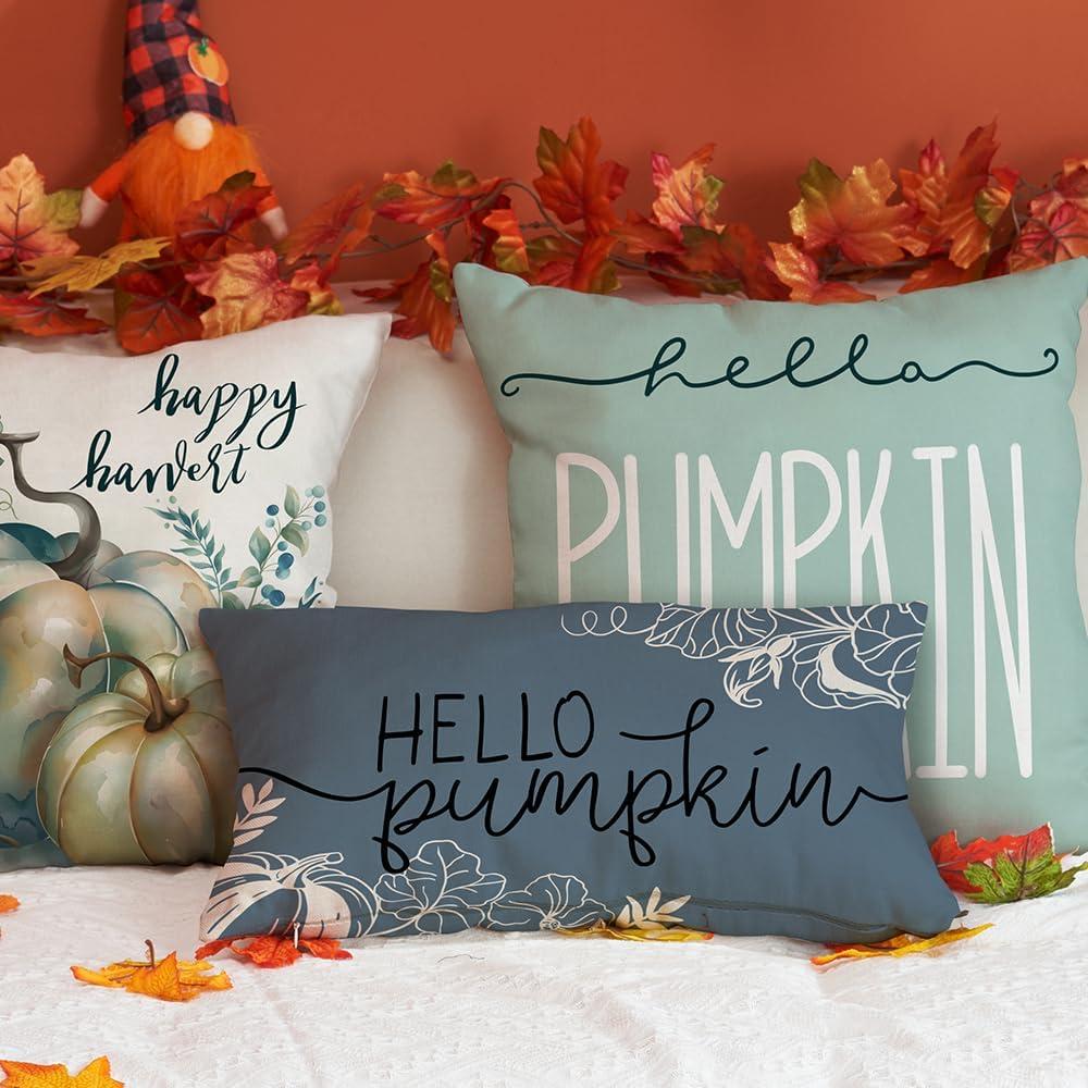 imageDFXSZ Fall Pillow Covers 12x20 Inch Outdoor Throw Pillow Covers Hello Pumpkin Decorative Blue Throw Pillow Cushion Cases for Home Couch