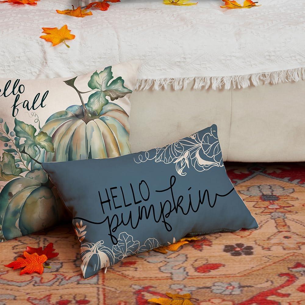 imageDFXSZ Fall Pillow Covers 12x20 Inch Outdoor Throw Pillow Covers Hello Pumpkin Decorative Blue Throw Pillow Cushion Cases for Home Couch