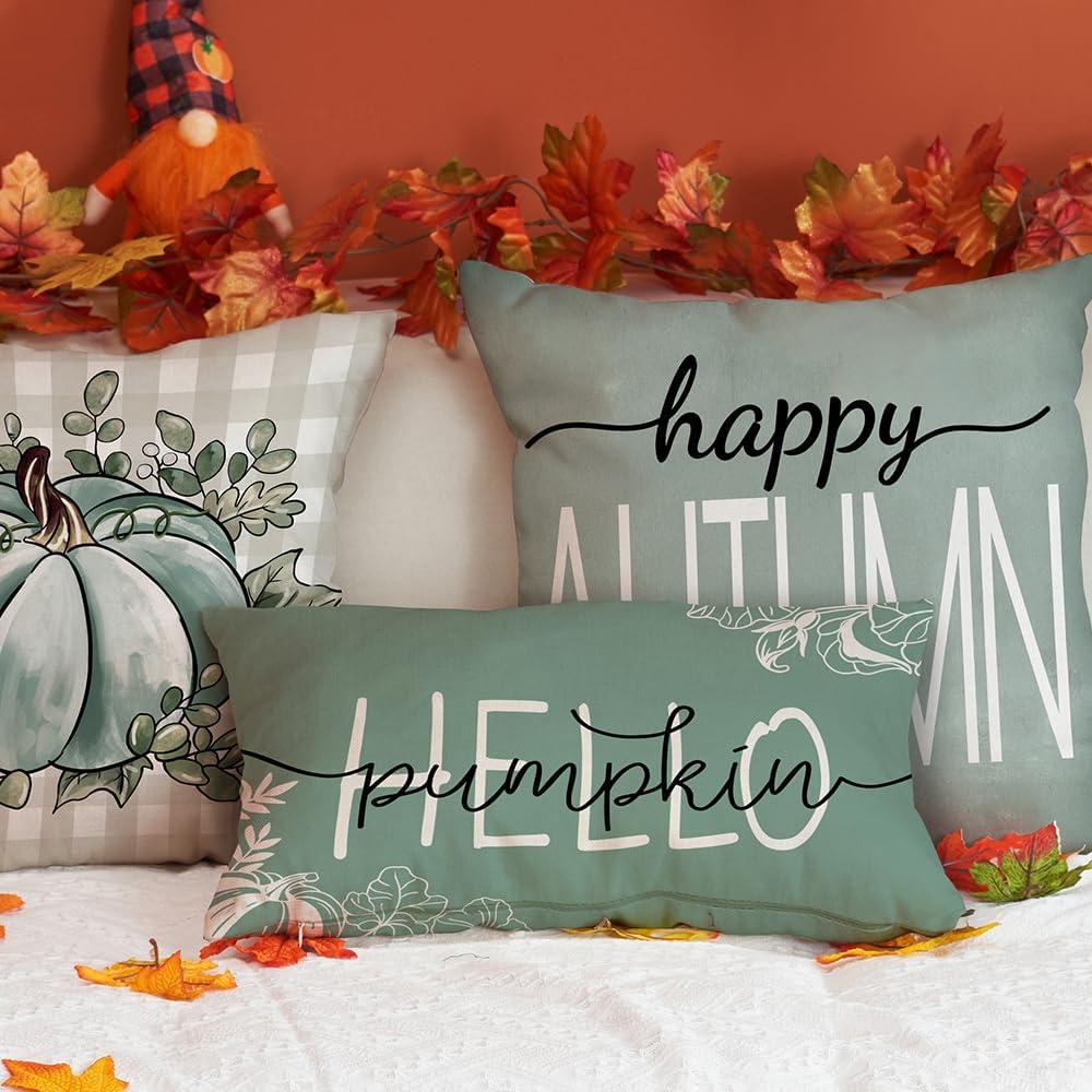 imageDFXSZ Fall Pillow Covers 12x20 Inch Outdoor Throw Pillow Covers Hello Pumpkin Decorative Green Throw Pillow Cushion Cases for Home Couch