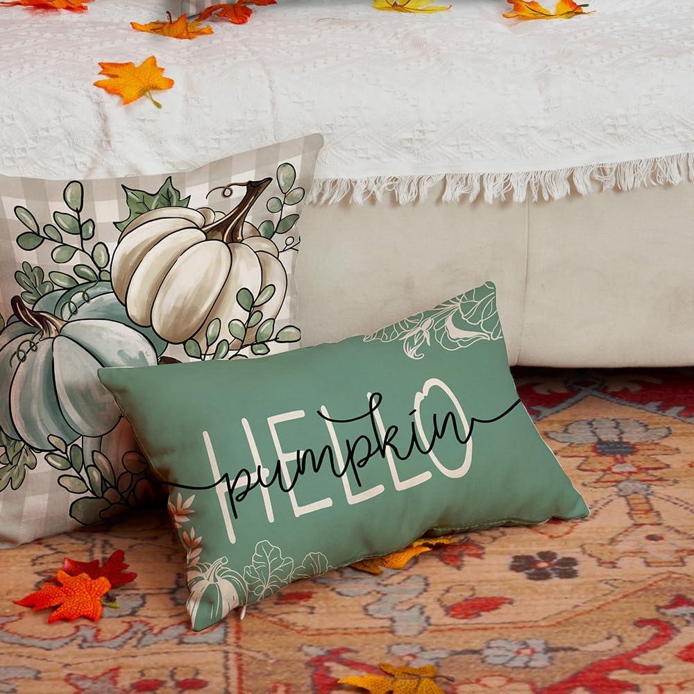 imageDFXSZ Fall Pillow Covers 12x20 Inch Outdoor Throw Pillow Covers Hello Pumpkin Decorative Green Throw Pillow Cushion Cases for Home Couch
