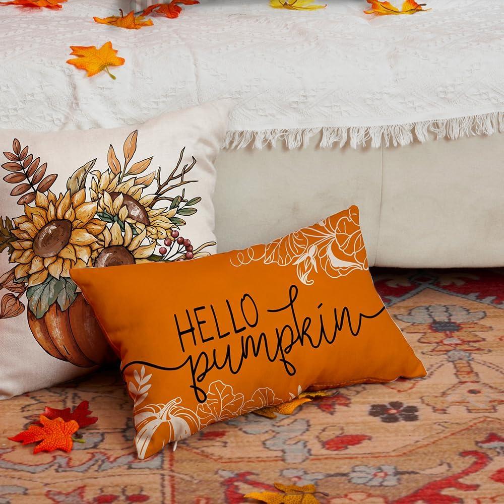 imageDFXSZ Fall Pillow Covers 12x20 Inch Outdoor Throw Pillow Covers Hello Pumpkin Decorative Yellow Throw Pillow Cushion Cases for Home Couch