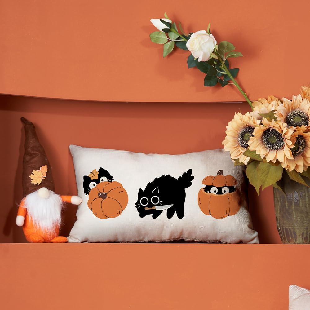 imageDFXSZ Fall Pillow Covers 12x20 Inch Pumpkin with Black Cat Cushion Cover Decor Outdoor Throw Pillow Linen Square Throw Pillow Cover Decorative for Home couch