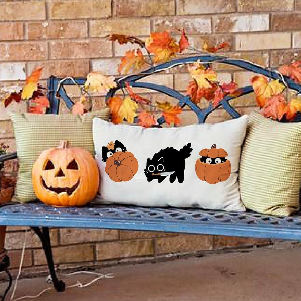 imageDFXSZ Fall Pillow Covers 12x20 Inch Pumpkin with Black Cat Cushion Cover Decor Outdoor Throw Pillow Linen Square Throw Pillow Cover Decorative for Home couch