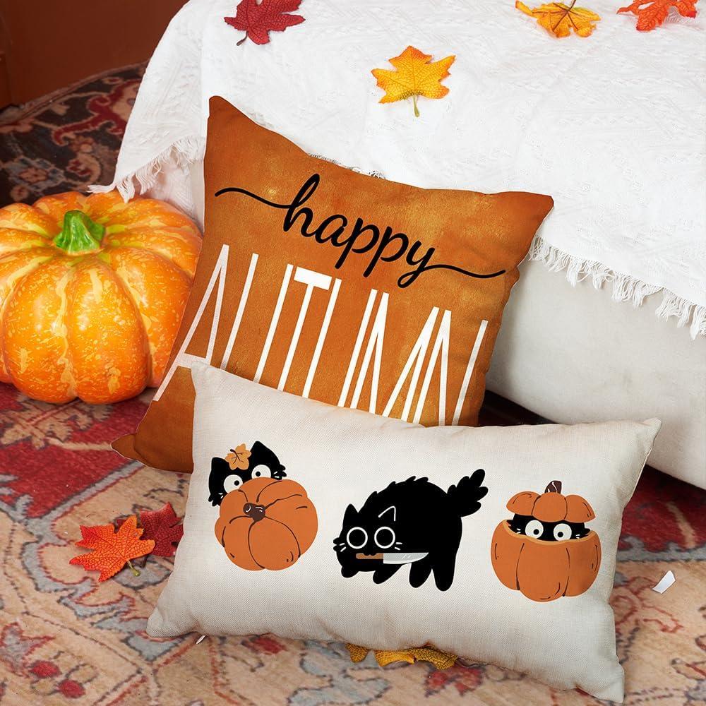 imageDFXSZ Fall Pillow Covers 12x20 Inch Pumpkin with Black Cat Cushion Cover Decor Outdoor Throw Pillow Linen Square Throw Pillow Cover Decorative for Home couch
