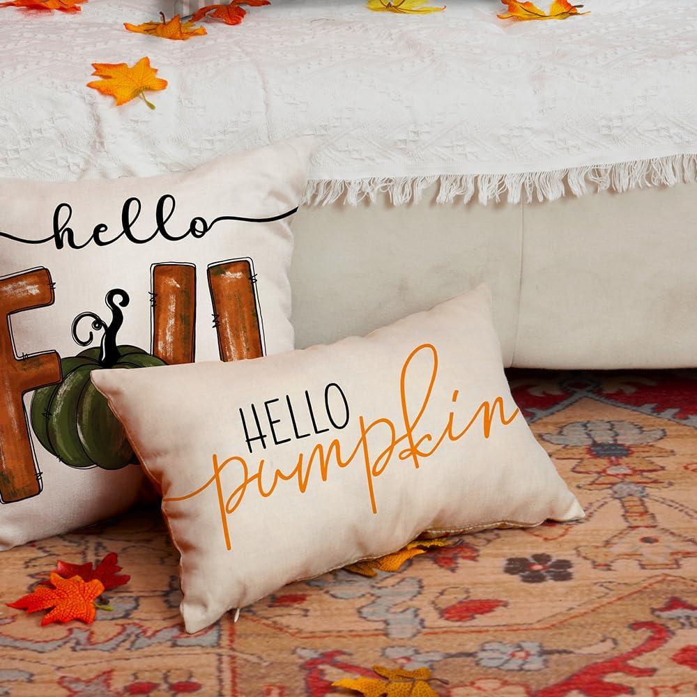 imageDFXSZ Fall Pillow Covers Hello Pumpkin Cushion Cover Autumn Decor Pumpkins Pillow Cover Outdoor Pillow Linen Square Throw Pillow Cover Decorative for Home Couch 12 x 20