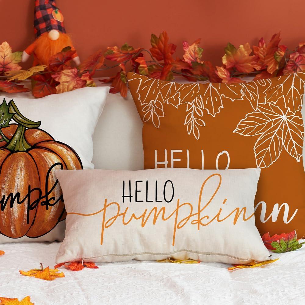 imageDFXSZ Fall Pillow Covers Hello Pumpkin Cushion Cover Autumn Decor Pumpkins Pillow Cover Outdoor Pillow Linen Square Throw Pillow Cover Decorative for Home Couch 12 x 20
