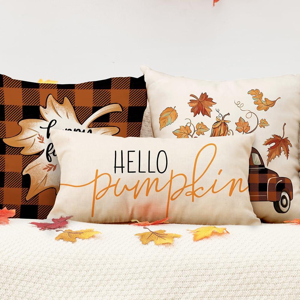 imageDFXSZ Fall Pillow Covers Hello Pumpkin Cushion Cover Autumn Decor Pumpkins Pillow Cover Outdoor Pillow Linen Square Throw Pillow Cover Decorative for Home Couch 12 x 20