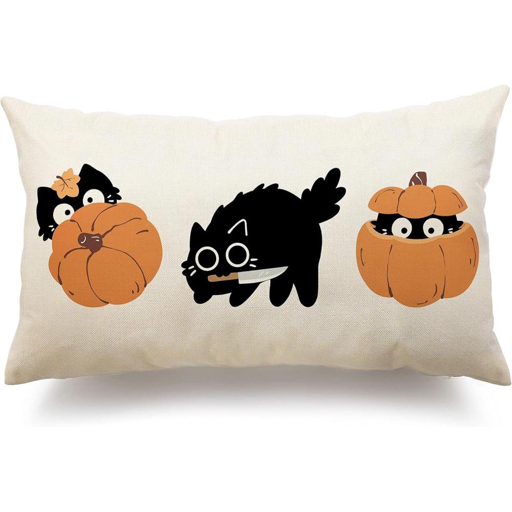imageDFXSZ Fall Pillow Covers 12x20 Inch Pumpkin with Black Cat Cushion Cover Decor Outdoor Throw Pillow Linen Square Throw Pillow Cover Decorative for Home couch