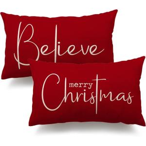 imageChristmas Throw Pillow Covers 12x20 Inch Set of 2 Merry Christmas Farmhouse Decorations Believe Holiday Decor Throw Cushion Case for Home CouchB1