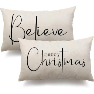 imageChristmas Throw Pillow Covers 12x20 Inch Set of 2 Merry Christmas Farmhouse Decorations Believe Holiday Decor Throw Cushion Case for Home CouchB11