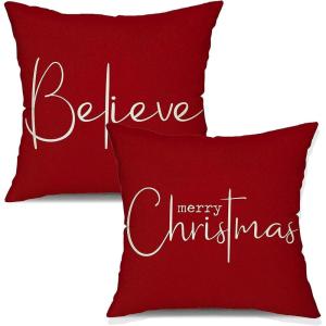 imageChristmas Throw Pillow Covers 12x20 Inch Set of 2 Merry Christmas Farmhouse Decorations Believe Holiday Decor Throw Cushion Case for Home CouchB2