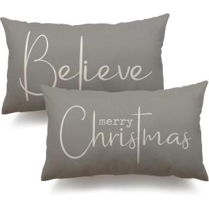 imageChristmas Throw Pillow Covers 12x20 Inch Set of 2 Merry Christmas Farmhouse Decorations Believe Holiday Decor Throw Cushion Case for Home CouchB4