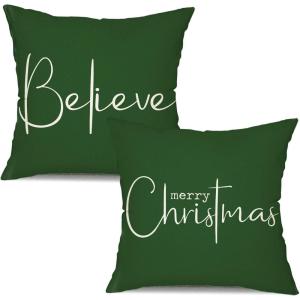 imageChristmas Throw Pillow Covers 12x20 Inch Set of 2 Merry Christmas Farmhouse Decorations Believe Holiday Decor Throw Cushion Case for Home CouchGreen